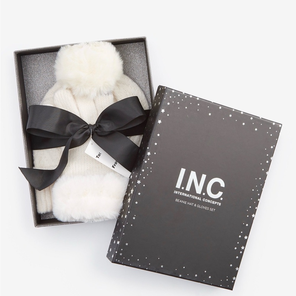 I.N.C. White Beanie Hat & Glove Set